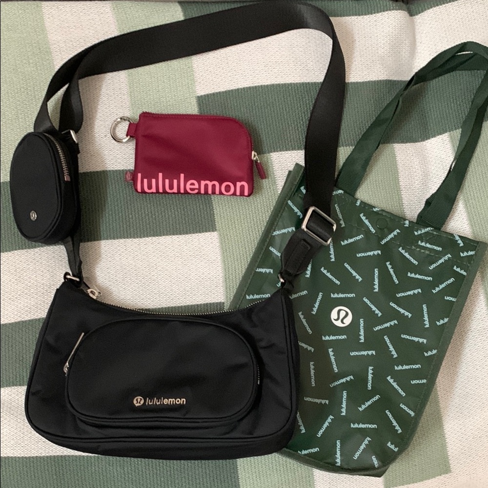 New! Lululemon Athletica Black Crossbody Bag and Burgandy Pouch Set